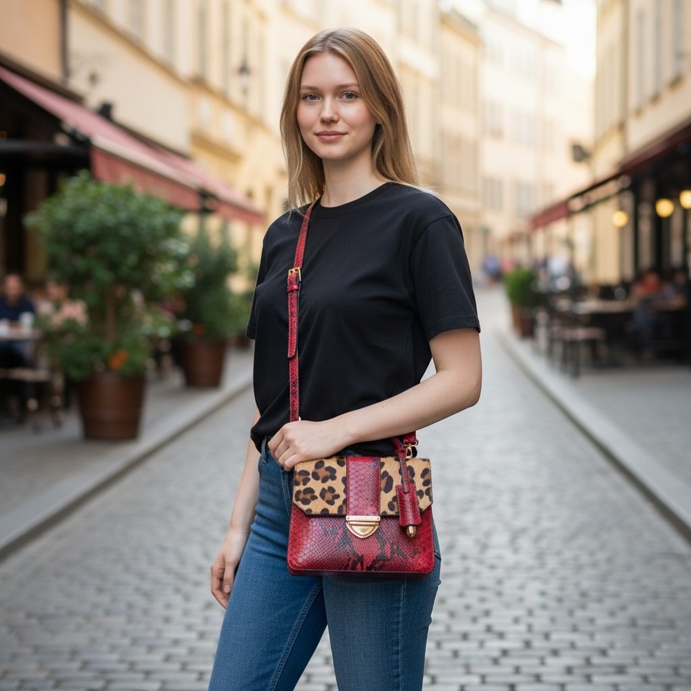 Red Snakeskin and Leopard Calf Hair Crossbody Satchel Bag with Gold Hardware